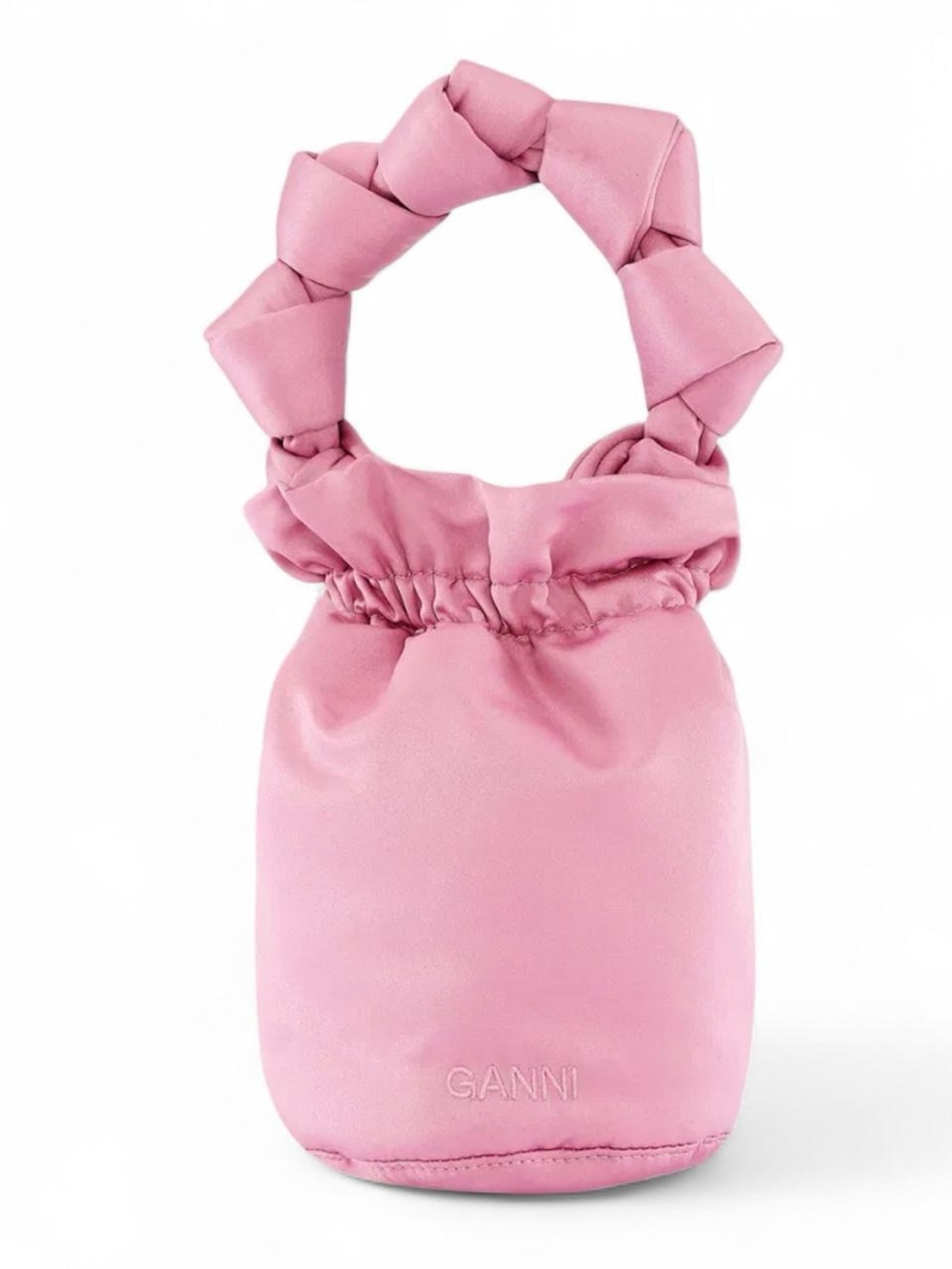 Ganni Pink Braided-Handle Mini Drawstring Bag